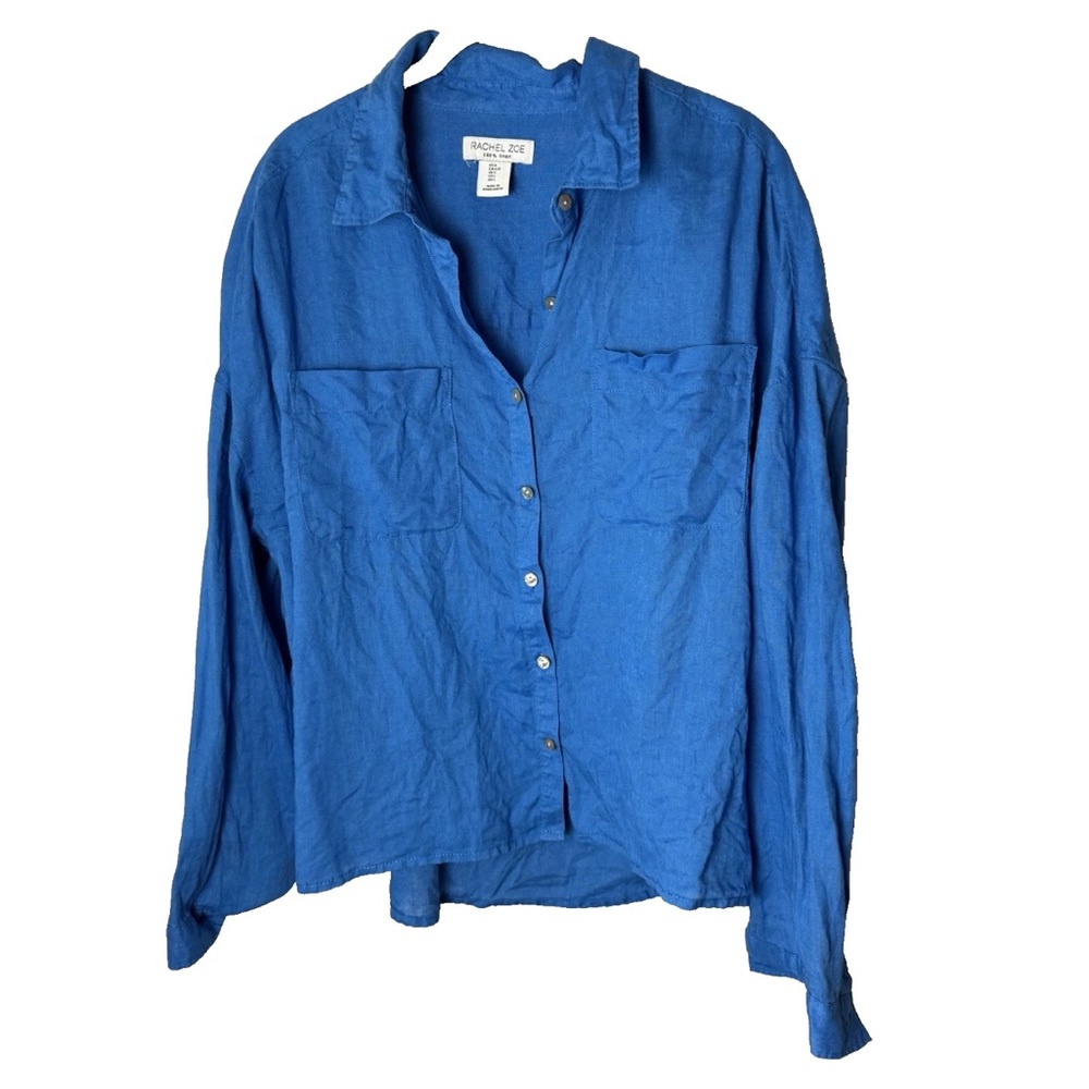 Rachel Zoe Womens Shirt Size Large Top Linen Long Sleeves Blue Button Up